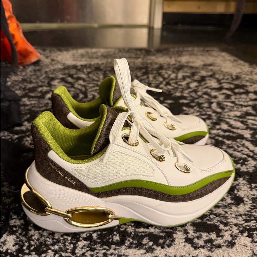 MICHAEL Michael Kors White and Green Sneakers with Gold Accents